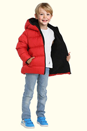 Erkek Çocuk Polarlı Kapüşonlu Su Geçirmez Rüzgara Dayanıklı Şişme Kışlık Mont