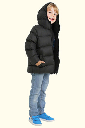 Erkek Çocuk Polarlı Kapüşonlu Su Geçirmez Rüzgara Dayanıklı Şişme Kışlık Mont