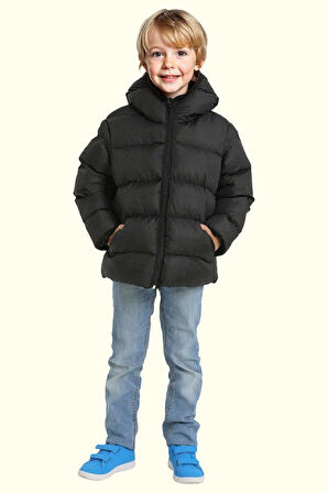 Erkek Çocuk Polarlı Kapüşonlu Su Geçirmez Rüzgara Dayanıklı Şişme Kışlık Mont