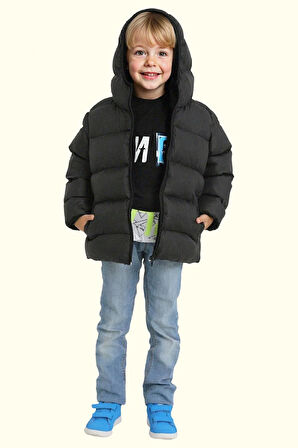 Erkek Çocuk Polarlı Kapüşonlu Su Geçirmez Rüzgara Dayanıklı Şişme Kışlık Mont