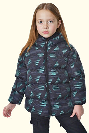 Kız Çocuk Dijital Desen Polar Su Ve Rüzgar Geçirmez Kapüşonlu Şişme Kışlık Mont