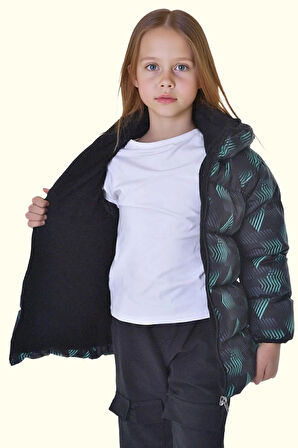 Kız Çocuk Dijital Desen Polar Su Ve Rüzgar Geçirmez Kapüşonlu Şişme Kışlık Mont