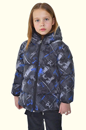 Kız Çocuk Dijital Desen Polar Su Ve Rüzgar Geçirmez Kapüşonlu Şişme Kışlık Mont