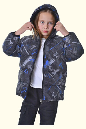 Kız Çocuk Dijital Desen Polar Su Ve Rüzgar Geçirmez Kapüşonlu Şişme Kışlık Mont