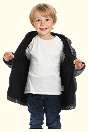 Erkek Çocuk Dijital Desen Polar Su Ve Rüzgar Geçirmez Kapüşonlu Şişme Kışlık Mont