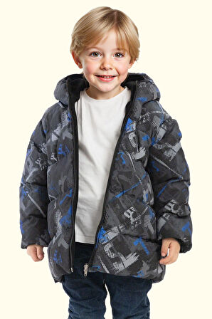 Erkek Çocuk Dijital Desen Polar Su Ve Rüzgar Geçirmez Kapüşonlu Şişme Kışlık Mont
