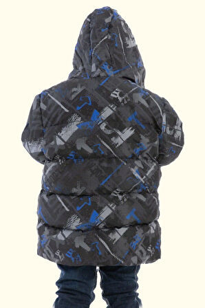 Erkek Çocuk Dijital Desen Polar Su Ve Rüzgar Geçirmez Kapüşonlu Şişme Kışlık Mont