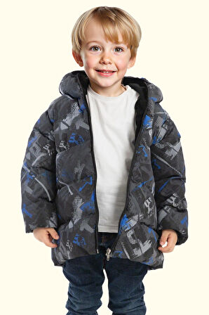 Erkek Çocuk Dijital Desen Polar Su Ve Rüzgar Geçirmez Kapüşonlu Şişme Kışlık Mont