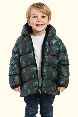 Erkek Çocuk Dijital Desen Polar Su Ve Rüzgar Geçirmez Kapüşonlu Şişme Kışlık Mont