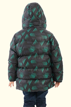 Erkek Çocuk Dijital Desen Polar Su Ve Rüzgar Geçirmez Kapüşonlu Şişme Kışlık Mont