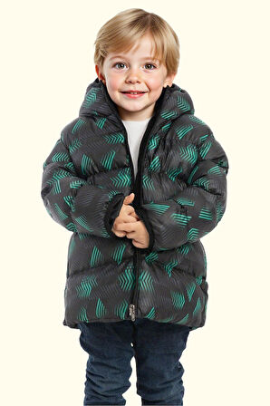 Erkek Çocuk Dijital Desen Polar Su Ve Rüzgar Geçirmez Kapüşonlu Şişme Kışlık Mont
