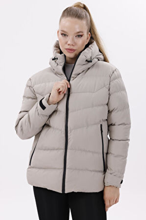 Kadın Kapüşonlu Polarlı Kürklü Su Geçirmez Rüzgara Dayanıklı Şişme Mont Kaban Parka