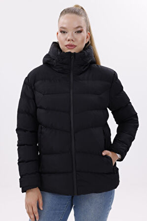 Kadın Kapüşonlu Polarlı Kürklü Su Geçirmez Rüzgara Dayanıklı Şişme Mont Kaban Parka