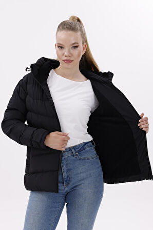 Kadın Kapüşonlu Polarlı Kürklü Su Geçirmez Rüzgara Dayanıklı Şişme Mont Kaban Parka