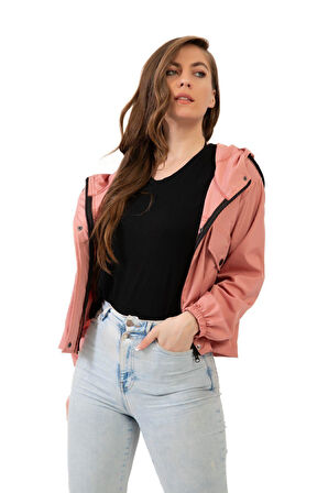 Kadın Su Geçirmez Ve Rüzgara Dayanıklı Kapüşonlu Çıt Çıtlı Mevsimlik Yağmurluk