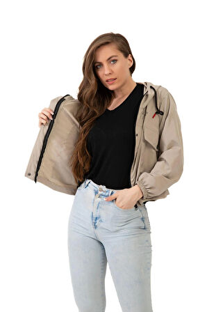 Kadın Su Geçirmez Ve Rüzgara Dayanıklı Kapüşonlu Çıt Çıtlı Mevsimlik Yağmurluk