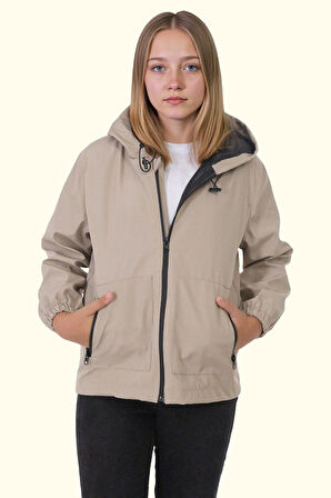 Kız Çocuk Astarlı Su Ve Rüzgar Geçirmez Kapüşonlu Çift Fermuarlı Yağmurluk