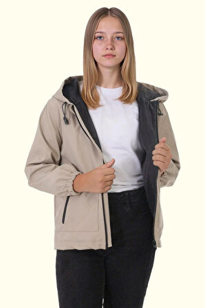 Kız Çocuk Astarlı Su Ve Rüzgar Geçirmez Kapüşonlu Çift Fermuarlı Yağmurluk