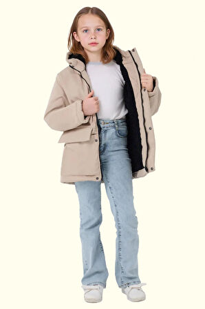 Kız Çocuk Kürklü Su Ve Rüzgar Geçirmez Kapüşonlu 3 Kışlık Mont & Kaban & Parka