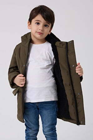 Erkek Çocuk Kürklü Su Ve Rüzgar Geçirmez Kapüşonlu 3 Kışlık Mont & Kaban & Parka