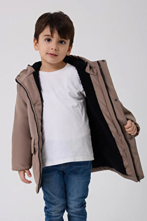 Erkek Çocuk Kürklü Su Ve Rüzgar Geçirmez Kapüşonlu 3 Kışlık Mont & Kaban & Parka