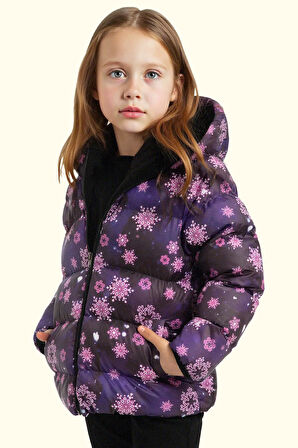 Kız Çocuk Pusula Desen Polar Su Ve Rüzgar Geçirmez Kapüşonlu Şişme Kışlık Mont