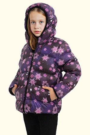 Kız Çocuk Pusula Desen Polar Su Ve Rüzgar Geçirmez Kapüşonlu Şişme Kışlık Mont