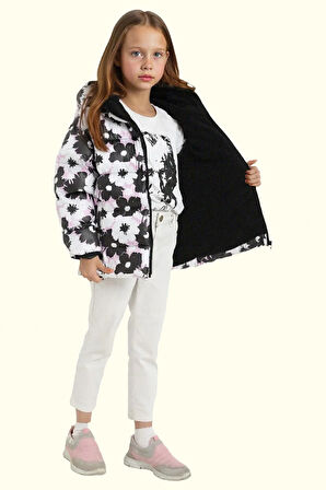 Kız Çocuk Pusula Desen Polar Su Ve Rüzgar Geçirmez Kapüşonlu Şişme Kışlık Mont