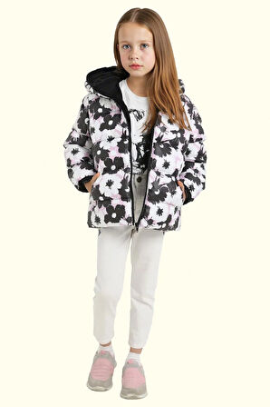Kız Çocuk Pusula Desen Polar Su Ve Rüzgar Geçirmez Kapüşonlu Şişme Kışlık Mont