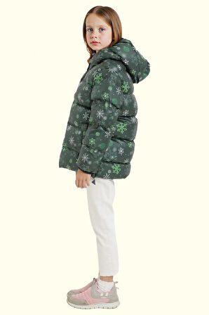 Kız Çocuk Pusula Desen Polar Su Ve Rüzgar Geçirmez Kapüşonlu Şişme Kışlık Mont