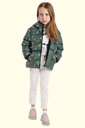 Kız Çocuk Pusula Desen Polar Su Ve Rüzgar Geçirmez Kapüşonlu Şişme Kışlık Mont