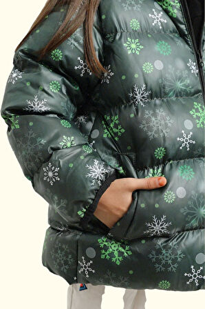 Kız Çocuk Pusula Desen Polar Su Ve Rüzgar Geçirmez Kapüşonlu Şişme Kışlık Mont