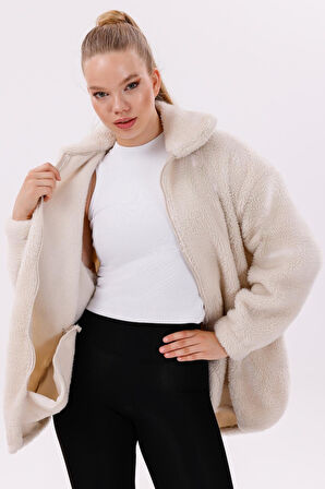 Kadın Peluş Rüzgar Geçirmez Welsoft Çift Kışlık Mont Kaban