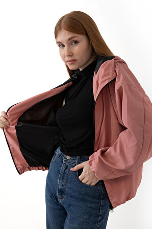Spor Kadın Taba Kapüşonlu Su ve Rüzgar Geçirmez Cepli İçi Astarlı Oversize Mevsimlik Yağmurluk
