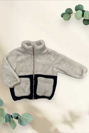Spor Kız Spor Çocuk Peluş Siyah Ekru Cepli Fermuarlı Welsoft  Mont