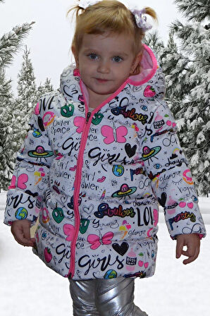 Spor Kız Spor Çocuk Içi Polarlı Kapüşonlu Girls Yazılı Kelebek Desenli   Mont & Kaban & Parka