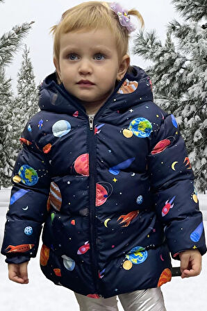 Spor Kız Spor Çocuk Içi Polarlı Kapüşonlu Gezegen Yıldız Desenli   Mont & Kaban & Parka