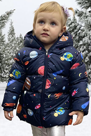 Spor Kız Spor Çocuk Içi Polarlı Kapüşonlu Gezegen Yıldız Desenli   Mont & Kaban & Parka