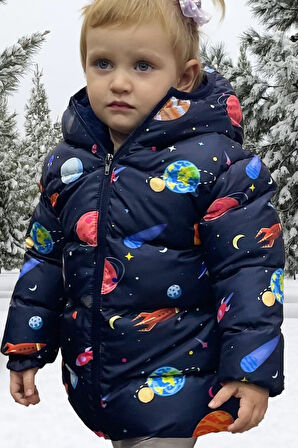 Spor Kız Spor Çocuk Içi Polarlı Kapüşonlu Gezegen Yıldız Desenli   Mont & Kaban & Parka