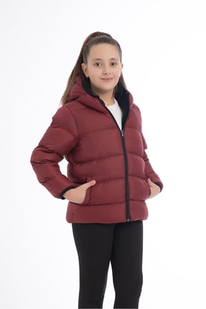 Spor Kız Spor Çocuk Kırmızı  Polarlı Kapüşonlu Su Geçirmez Rüzgara Dayanıklı Cepli   Mont