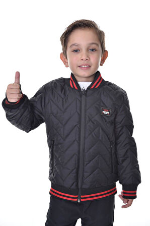 Spor Erkek Spor Çocuk Siyah Kolej Yaka  Astarlı Su ve Rüzgar Geçirmez Fermuarlı Cep Mont Ceket