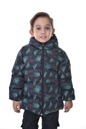 Spor Kız Spor Çocuk Siyah Yeşil Dijital Desen  Polar Su ve Rüzgar Geçirmez Kapüşonlu   Mont