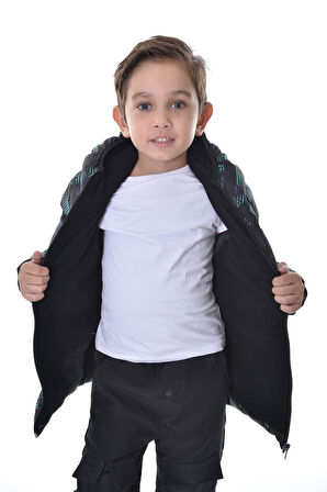 Spor Kız Spor Çocuk Siyah Yeşil Dijital Desen  Polar Su ve Rüzgar Geçirmez Kapüşonlu   Mont