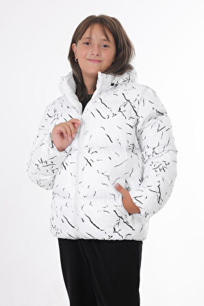 Spor Kız Spor Çocuk Beyaz Çıkabilir Kapüşonlu Su ve Rüzgar Geçirmez Cepli   Mont & Kaban & Parka