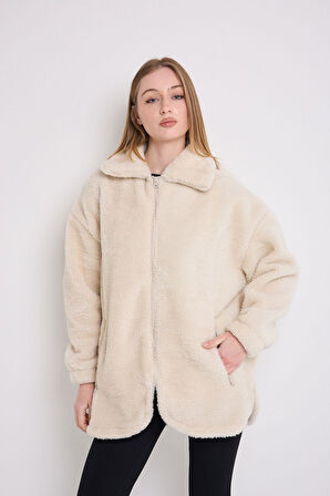 Spor Kadın Ekru Peluş Rüzgar Geçirmez Welsoft Çift Cepli  Mont Kaban