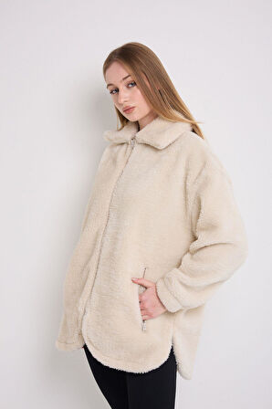 Spor Kadın Ekru Peluş Rüzgar Geçirmez Welsoft Çift Cepli  Mont Kaban