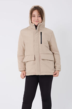 Spor Kız Spor Çocuk Taş  Kürklü Su ve Rüzgar Geçirmez Kapüşonlu 3 Cep  Mont & Kaban & Parka