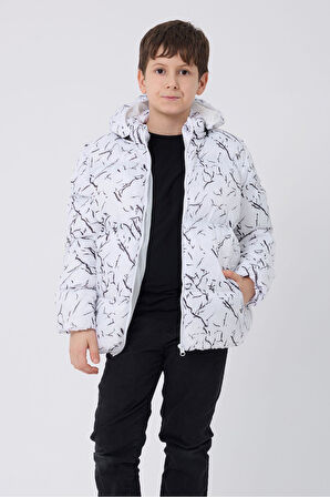 Spor Erkek Spor Çocuk Beyaz Çıkabilir Kapüşonlu Su ve Rüzgar Geçirmez Cepli   Mont & Kaban & Parka