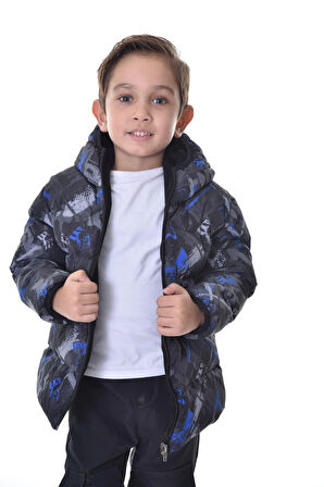 Spor Erkek Spor Çocuk Saks Antrasit Dijital Desen  Polar Su ve Rüzgar Geçirmez Kapüşonlu   Mont