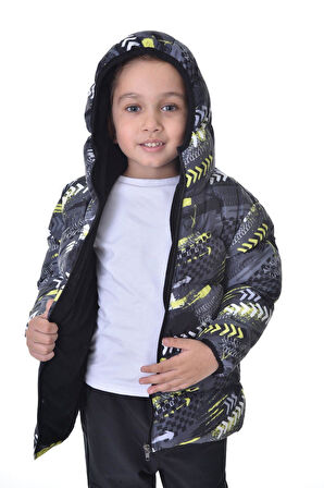 Spor Erkek Spor Çocuk Saks Antrasit Dijital Desen  Polar Su ve Rüzgar Geçirmez Kapüşonlu   Mont